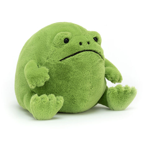 Image shows a stuffed frog. Its body is very round and it has a frown on its face. It is seated.