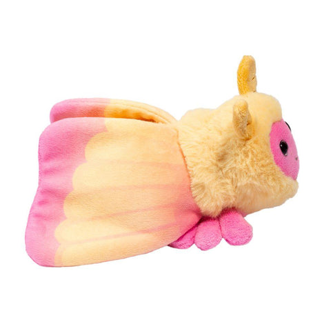 Side view of a plush Rosy Maple Moth toy on a white background