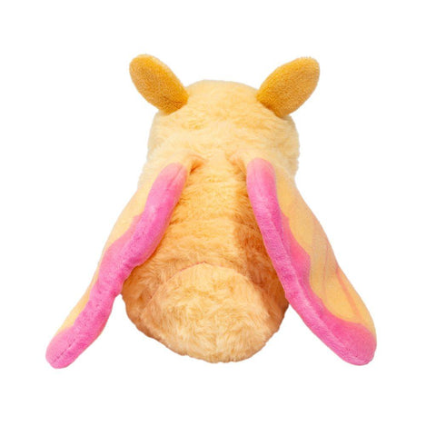Back view of a plush Rosy Maple Moth toy on a white background