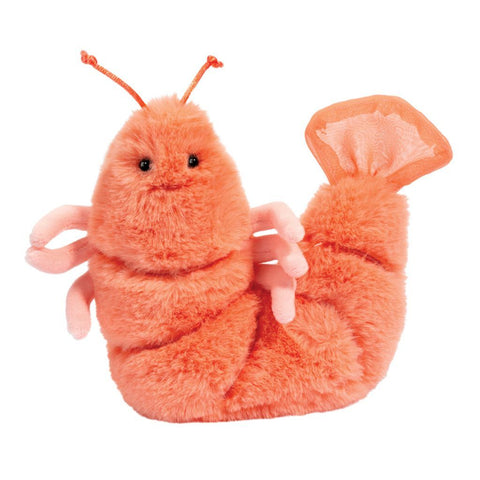A plush toy in the shape of an orange shrimp