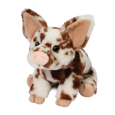 Plush toy pig with brown and white pattern on a white background