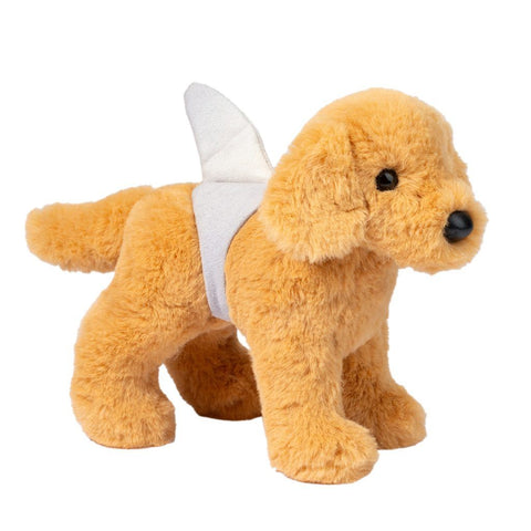 Plush Golden Retriever toy wearing a shark fin on a white background