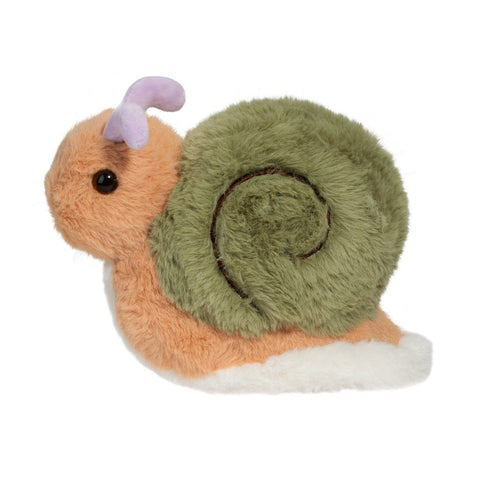 Plush snail toy with a green shell on a white background