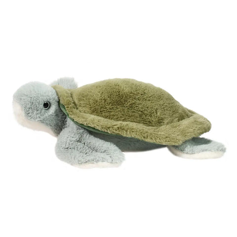 Image shows a side view of the stuffed sea turtle. It has aqua-colored plastic eyes.