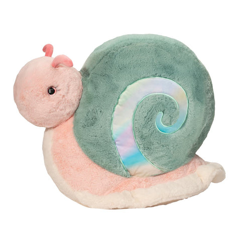 A large plush stuffed animal resembling a snail with a pink, cream, and green color scheme, featuring a shimmery iridescent swirl on the shell and soft velvet antennae.