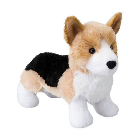 Image shows a tan, black, and white Corgi. It is standing up.