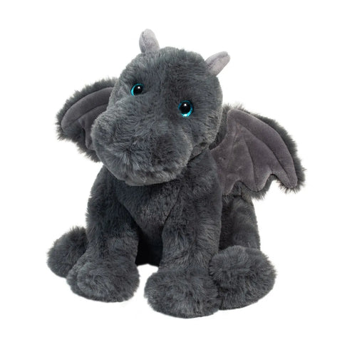 Image shows a dark grey stuffed dragon. It has blue plastic eyes.