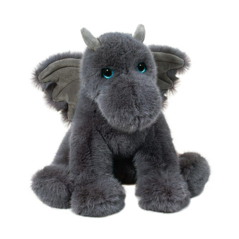 A plush, dark grey dragon with wings, horns, and blue eyes on a white background