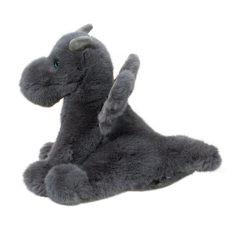 A side view of the plush grey dragon