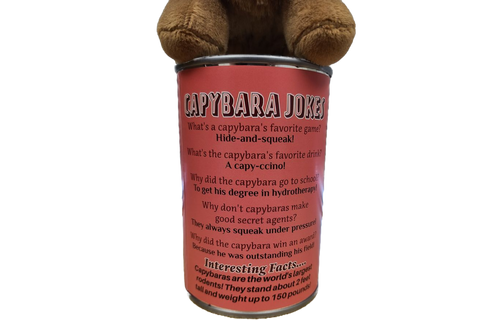 Image shows the feet of the stuffed capybara above part of the can that lists capybara jokes