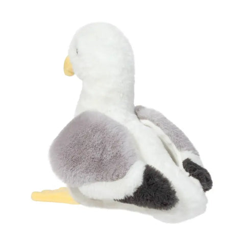 A back-angle view of the plush seagull