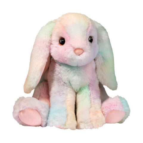 Rainbow Pastel-colored plush bunny toy on a white background