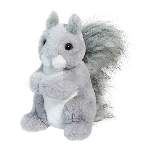 A plush gray squirrel toy with a bushy tail, upright pose, and large eyes, designed for young children.