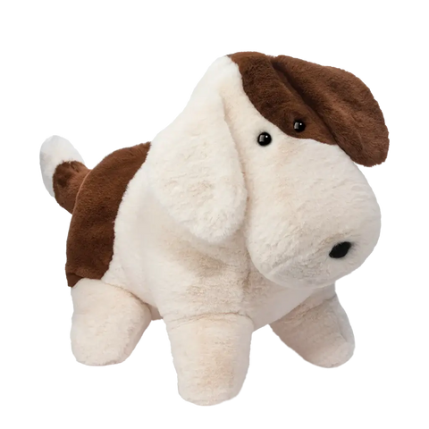 Plush dog toy with brown and white color scheme on a white background. It has a large, round muzzle