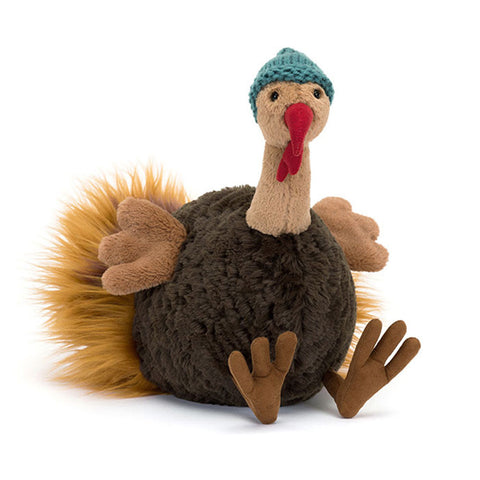 Plush toy turkey wearing a blue knitted hat on a white background
