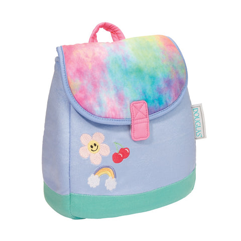 Image shows a stuffed backpack. The body is light purple while the lid is a colorful tie dye.