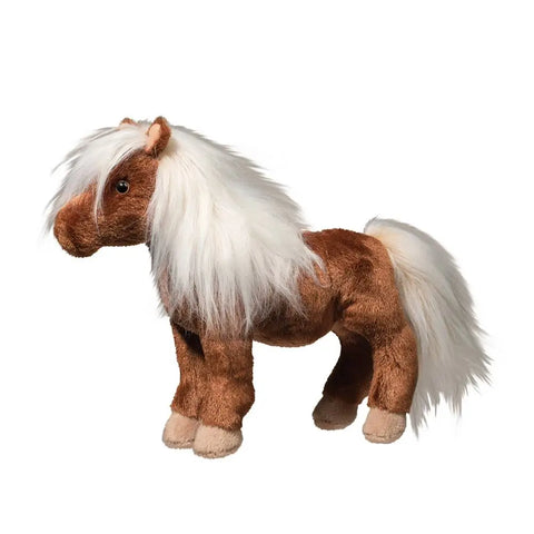 A plush toy resembling a brown and white Shetland pony with a long shaggy mane and tail.
