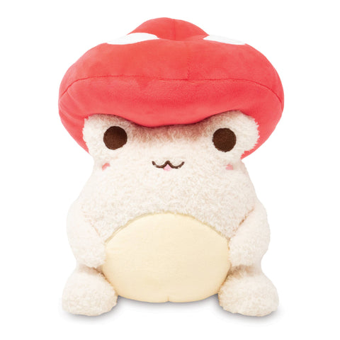 Image shows a white stuffed frog wearing a redcap mushroom hat
