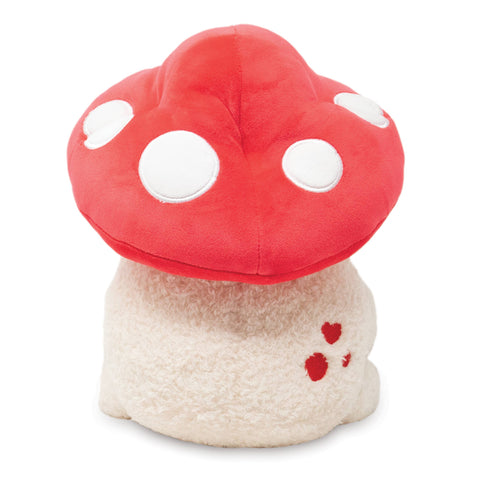 Image shows a back view of the stuffed frog with a mushroom hat