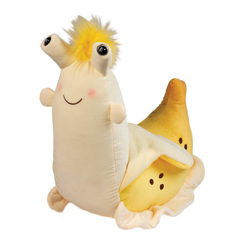 A stuffed banana and slug hybrid. The front half is a yellow slug and the back half is a banana.