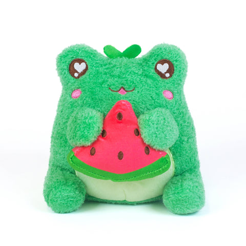 Image shows a small stuffed frog holding a stuffed watermelon slice