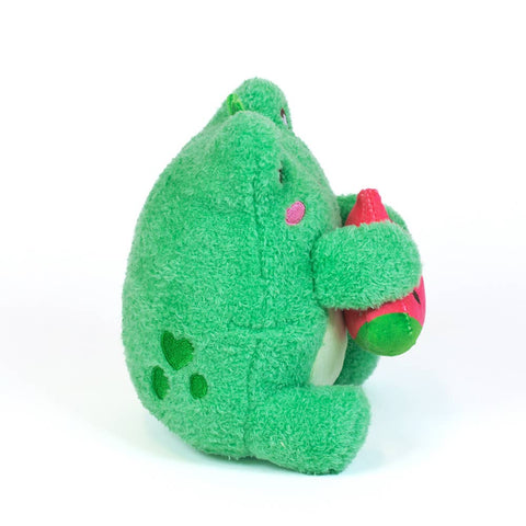 Image shows a side view of the stuffed frog