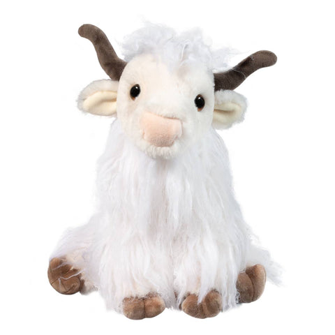 A plush stuffed toy resembling a yak with a soft white coat, brown eyes, and horns.