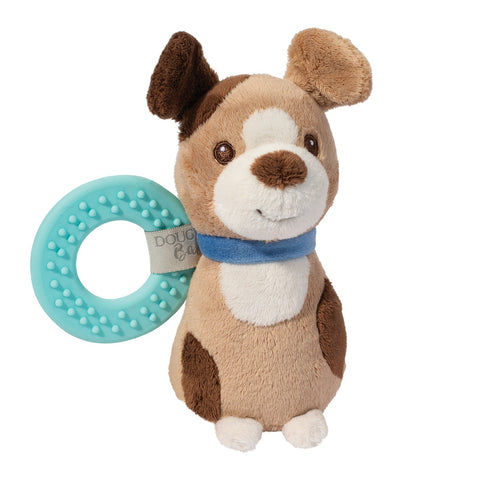 Plush dog rattle with a blue teething ring on a white background