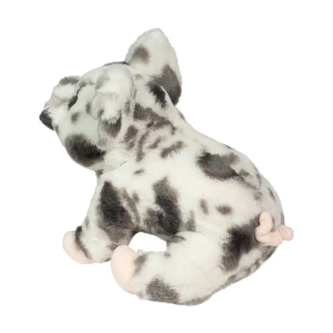 A back angle view of the stuffed pig with its pink curly tail
