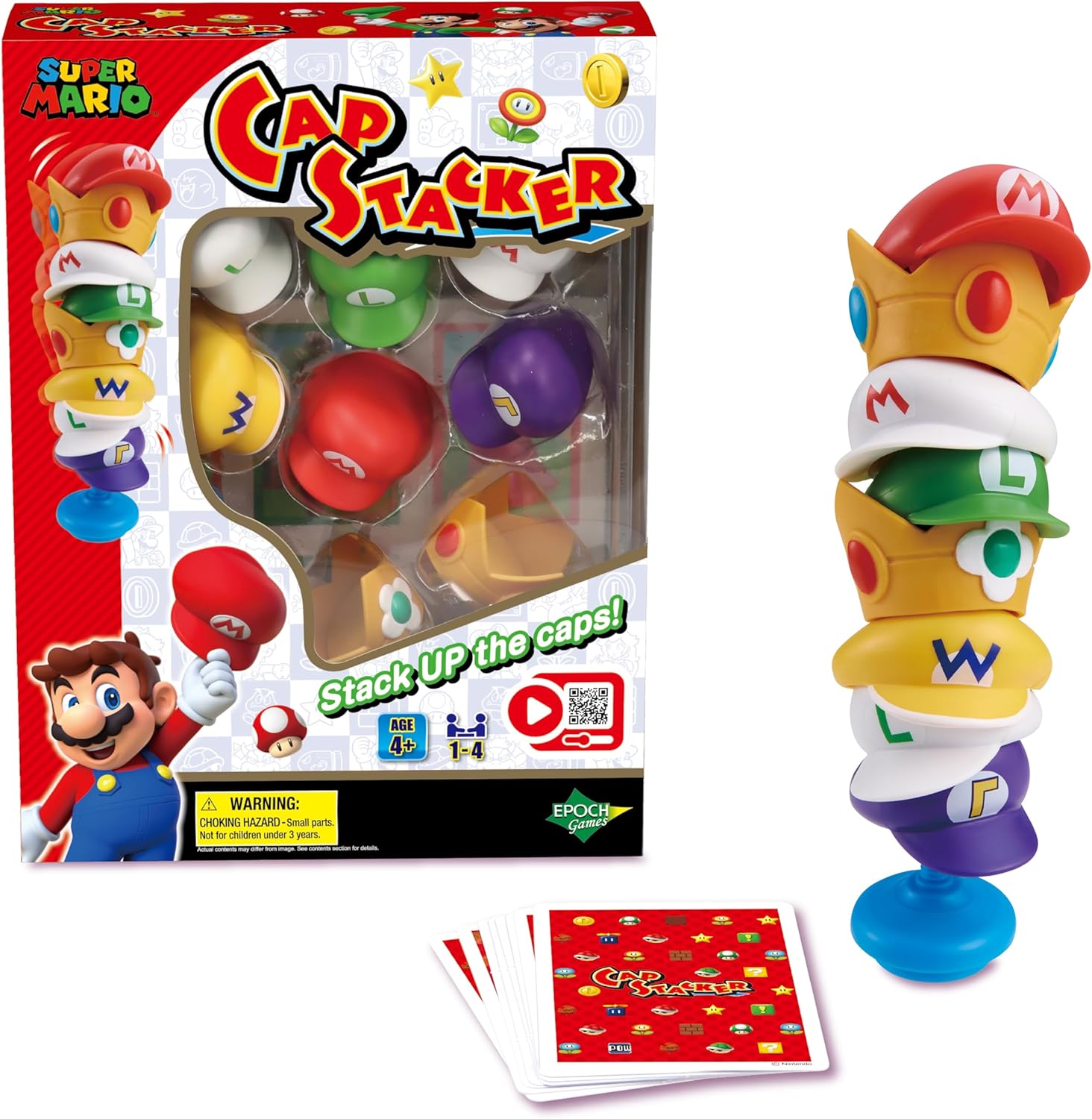 Image shows the box for the game, along with a stack of plastic character caps and a small stack of cards.