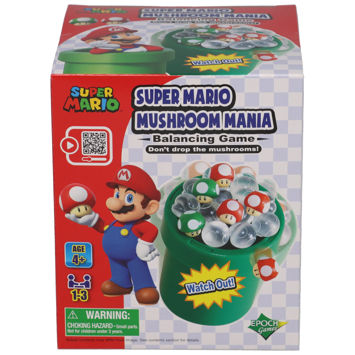 Image shows the box for the game. It has Mario, plus a green pipe and mushroom shapes on top of the pipe.