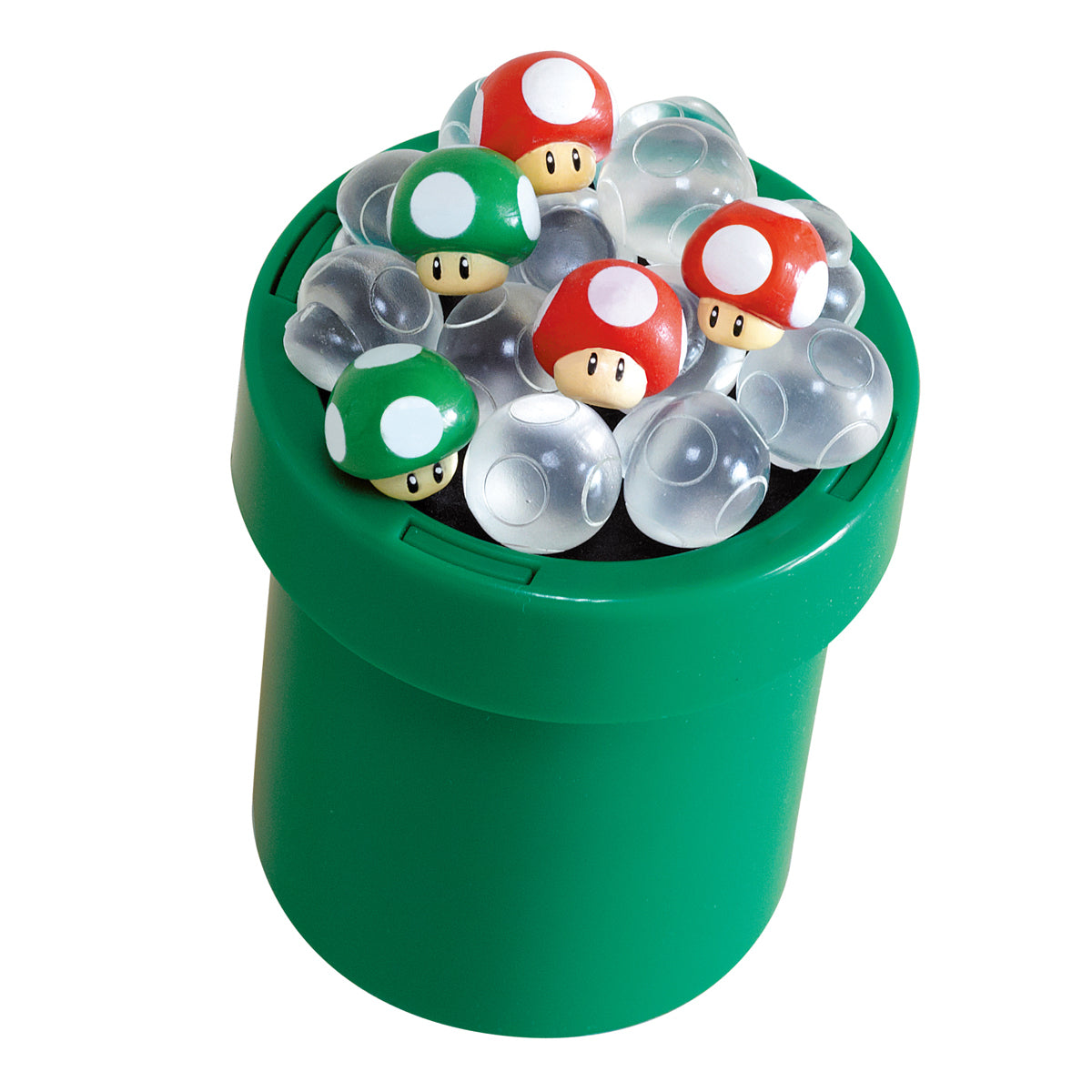 Image shows the green Super Mario pipe with mushroom shapes balancing on top.