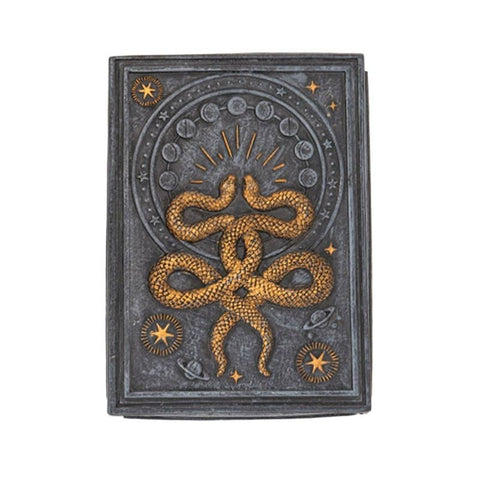 Image shows a grey resin tarot card box with gold intertwining snakes, and stars in the corner
