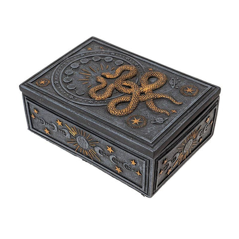 Image shows an arial view of the tarot card box. The side has crescent moons and stars.