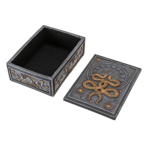 Image shows the lid off of the tarot card box. The inside of the box is solid black.