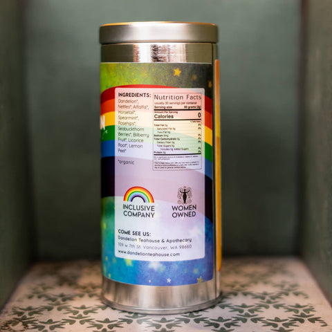 Tea canister with a rainbow label. Lists ingredients and nutrition facts.
