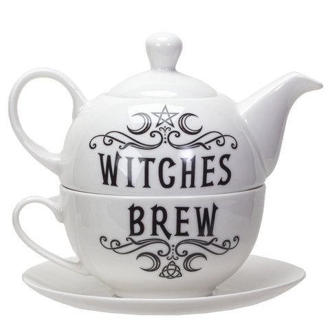Image shows a white tea set (kettle on top, cup on bottom) that reads "Witches Brew".