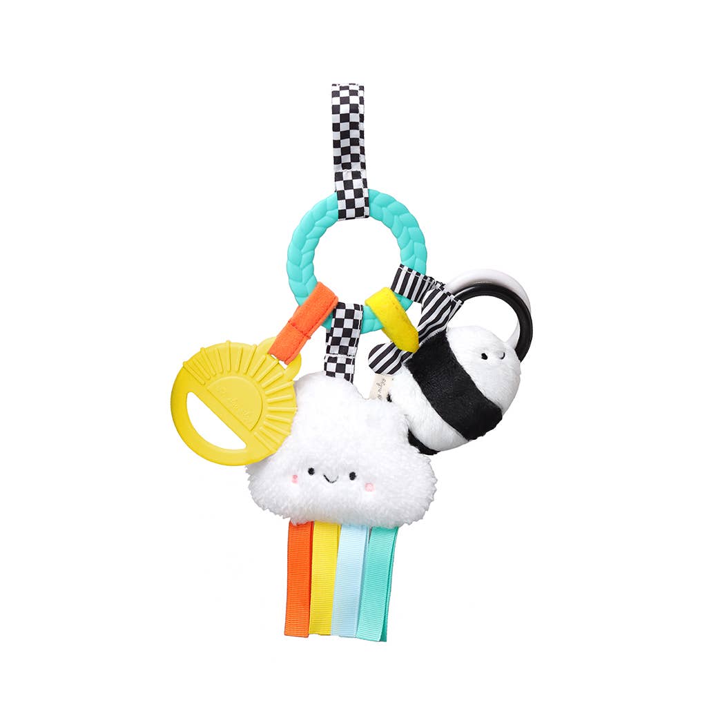 Image shows a yellow teether, a cloud with ribbons, a black & white bee, and two plastic circles hanging from a teal ring.