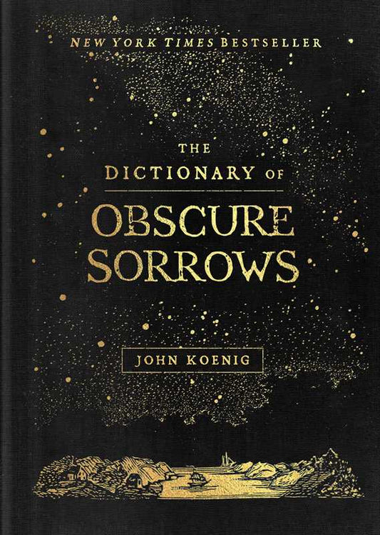 Image shows a book cover with title "The Dictionary of Obscure Sorrows". The background is black with gold text and stars.