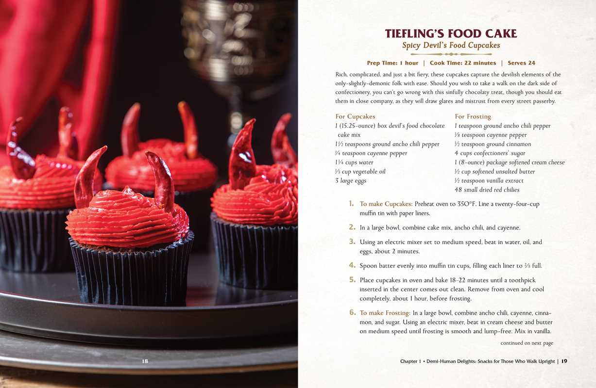 The image shows a recipe for Tiefling's Food Cake. The left page shows chocolate cupcakes with red devil ear frosting.