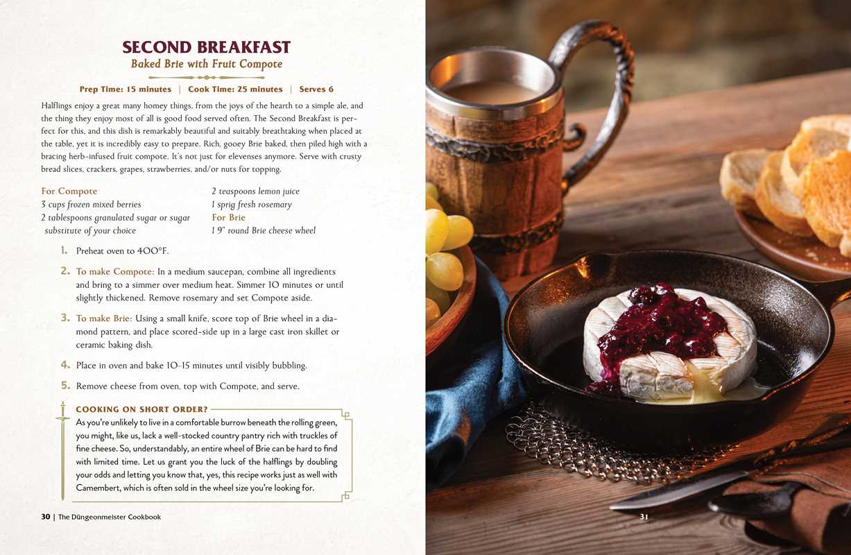 The left page shows a recipe for Second Breakfast. The right page shows baked brie cheese with fruit compote on top.