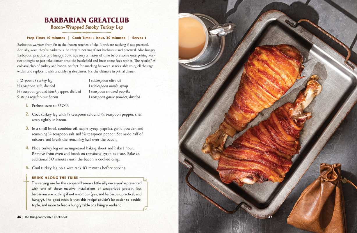 The left page shows a recipe for Barbarian Greatclub. The right page shows two bacon wrapped turkey legs.