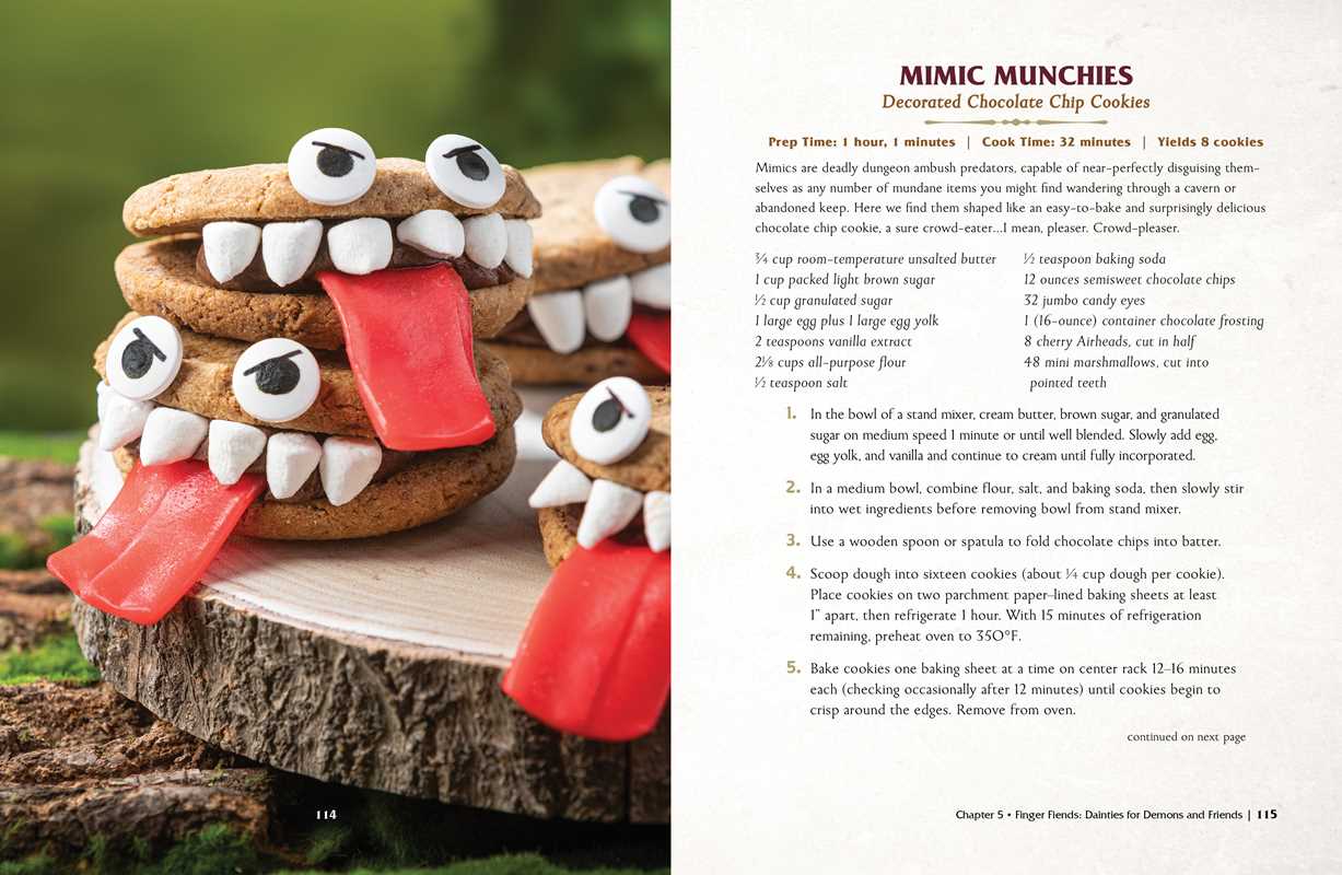 The right page shows a recipe for Mimic Munchies. The left page shows a cookie sandwich with eyes, teeth, and a tongue 