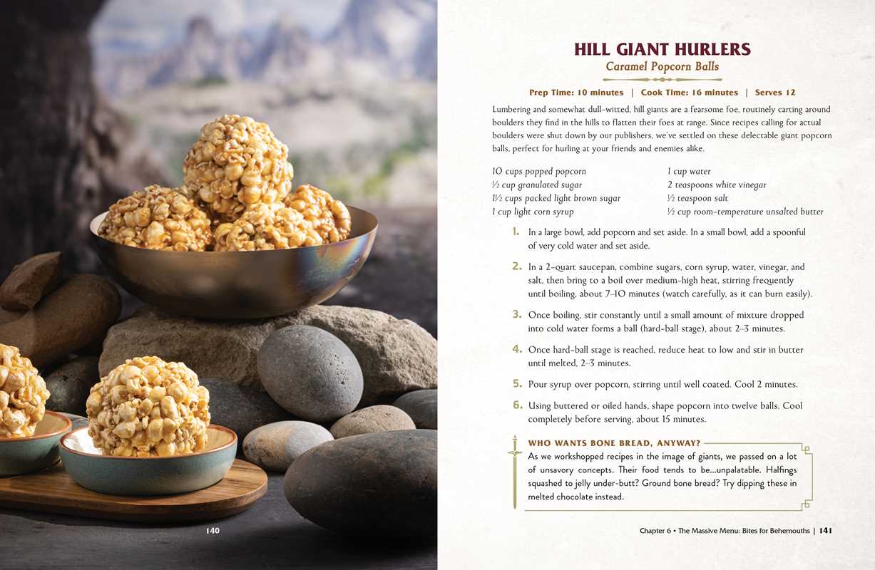 The left page shows caramel popcorn balls. The right page shows a recipe for Hill Giant Hurlers