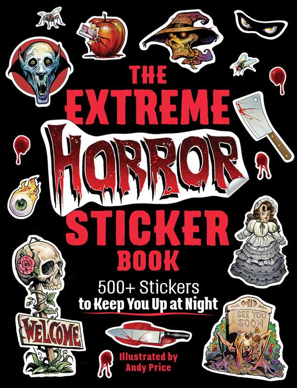 The cover of "The Extreme Horror Sticker Book" with a black background and various horror stickers