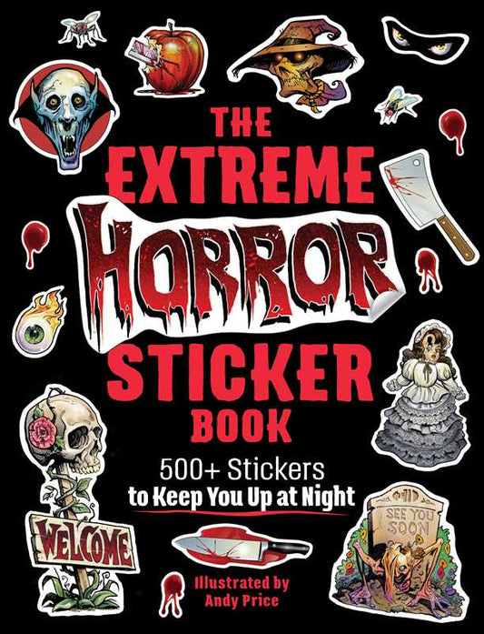 The cover of "The Extreme Horror Sticker Book" with a black background and various horror stickers