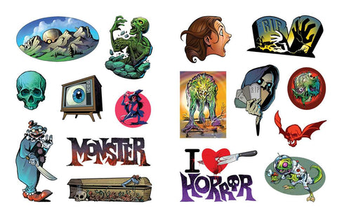 Two pages of stickers from various horror movies