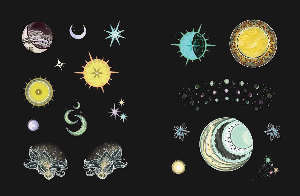 Two pages of celestial stickers on a black background