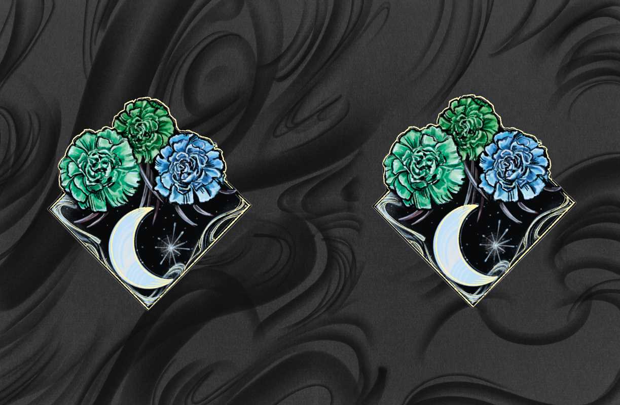 Two stickers of crescent moons with blue and green flowers above them