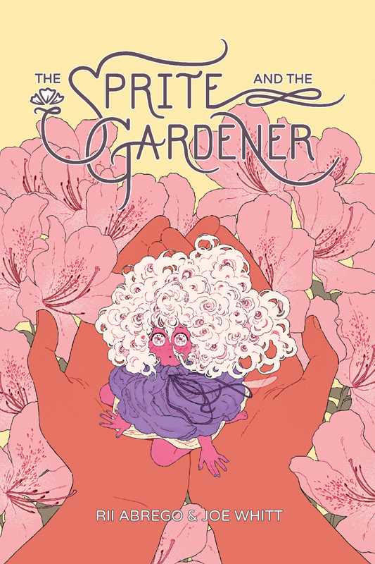 The cover for a book titled "The Sprite and the Gardener". There are flowers in the background with hands holding a small person.